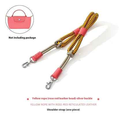 Braided rope and leather shoulder strap with a metal buckle in gold or silver finish