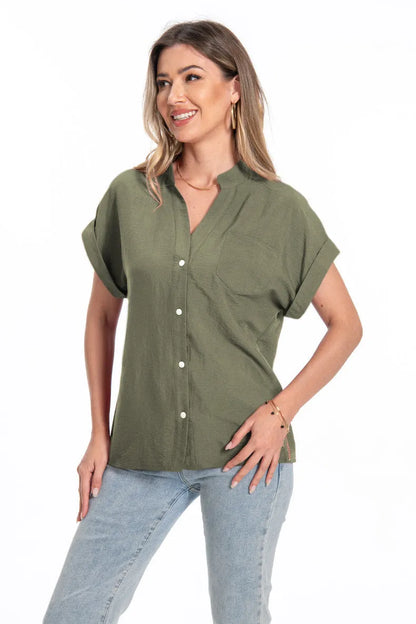 Women's loose-fit button-collar summer top in Army Green with short raglan sleeves.