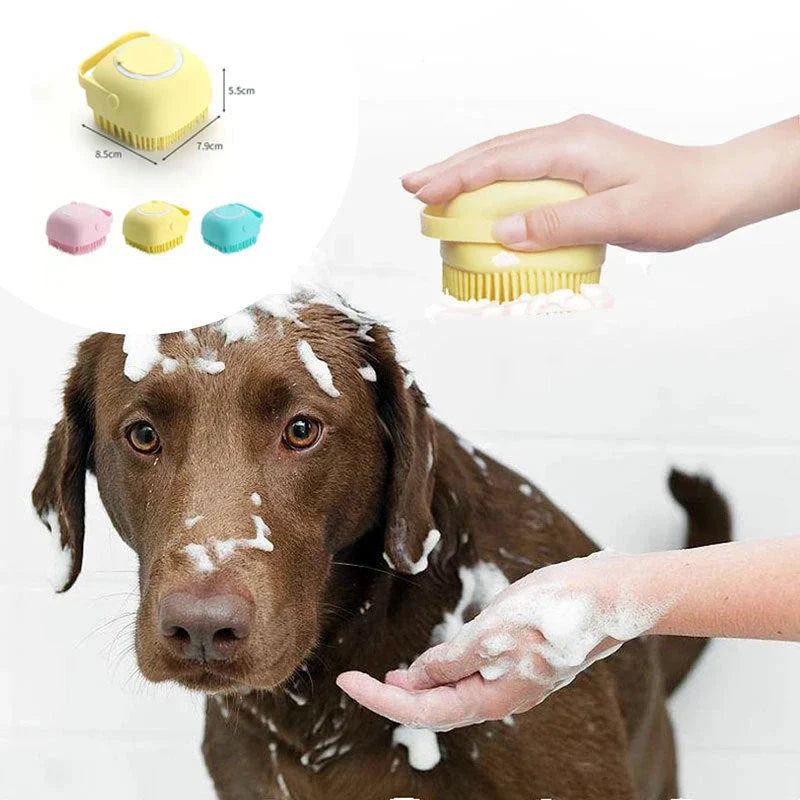 Silicone pet grooming gloves with shampoo dispenser for gentle bathing and massage