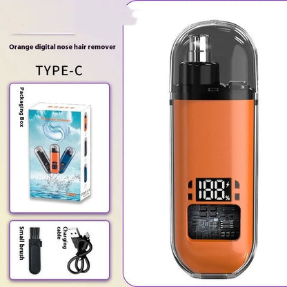 Rechargeable nose hair trimmer with digital display, cleaning brush, and USB charger
