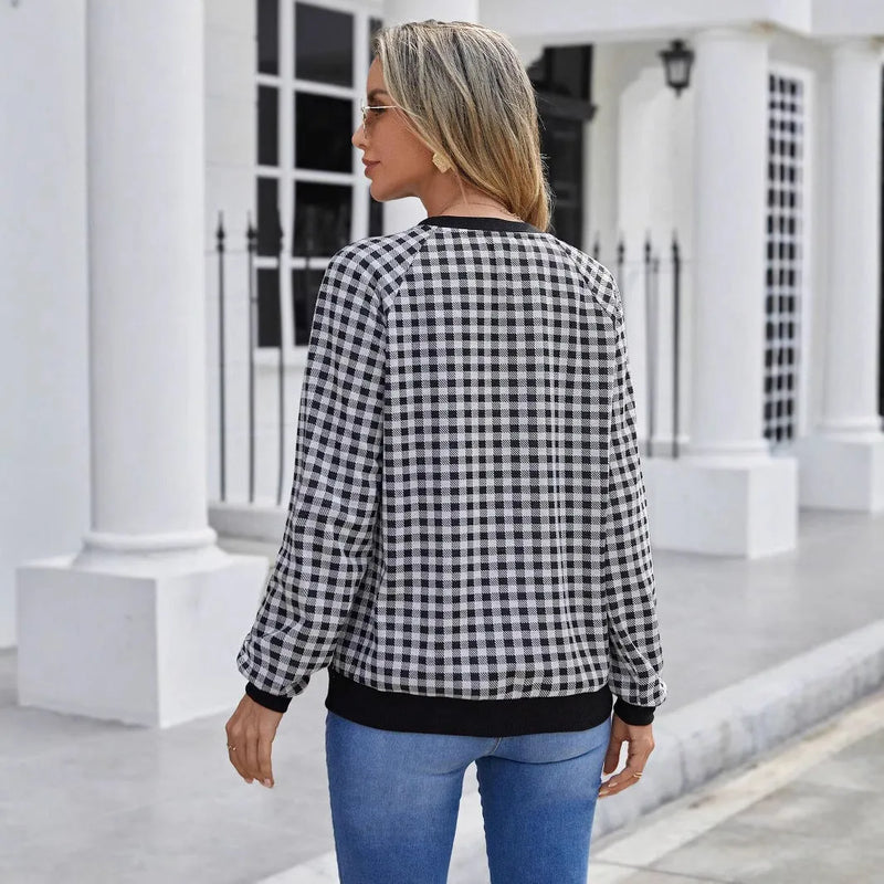 Japanese Sweet Plaid Pullover Long Sleeve Sweater: A striped plaid design in black with long sleeves, available in sizes S to XXL for varied fits and featuring a polyester fabric composition.