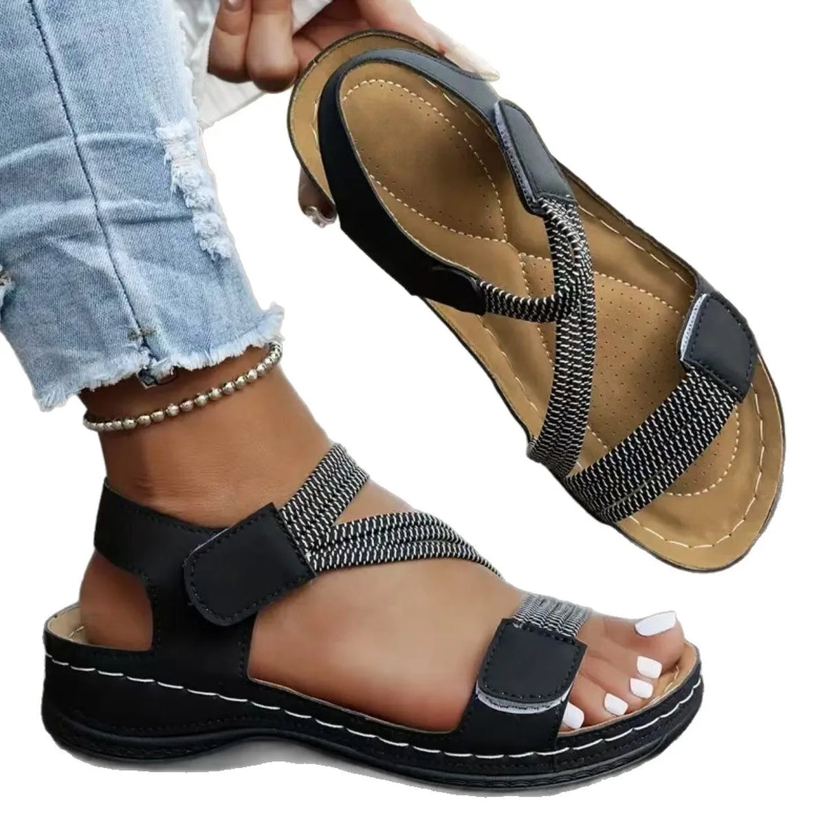 Women's Velcro sports sandals in black, blue, beige, white, or pink, PU upper and sole, sizes 36-43