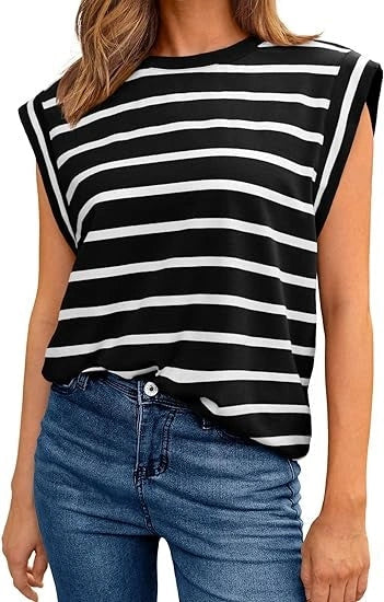 Crew Neck Striped Vest Sweater in white, black, and khaki options