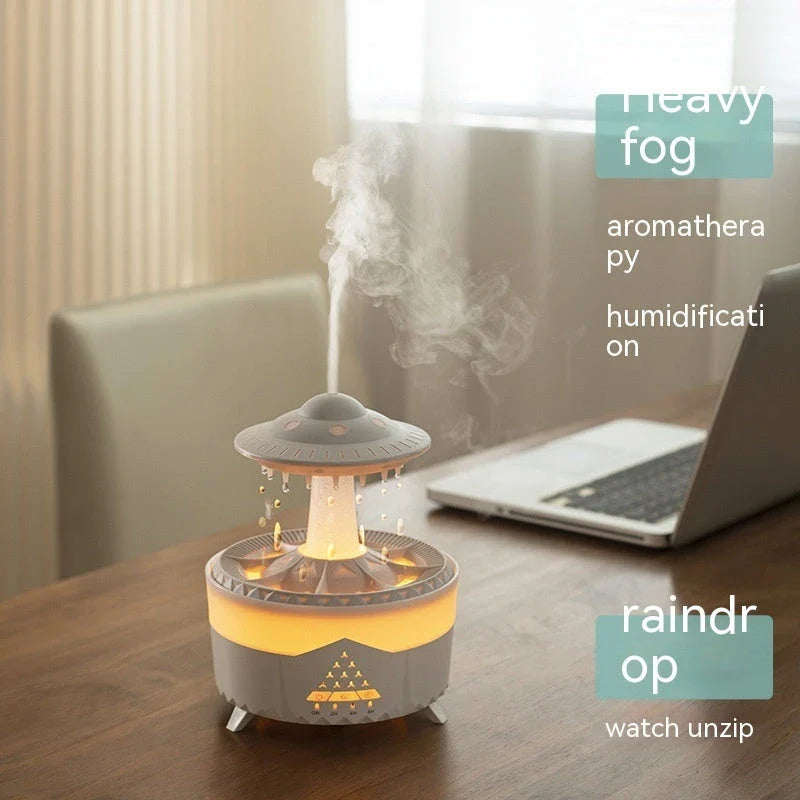 Relaxing cloud-shaped humidifier with raindrop sound, essential oil diffusion, and colorful lighting