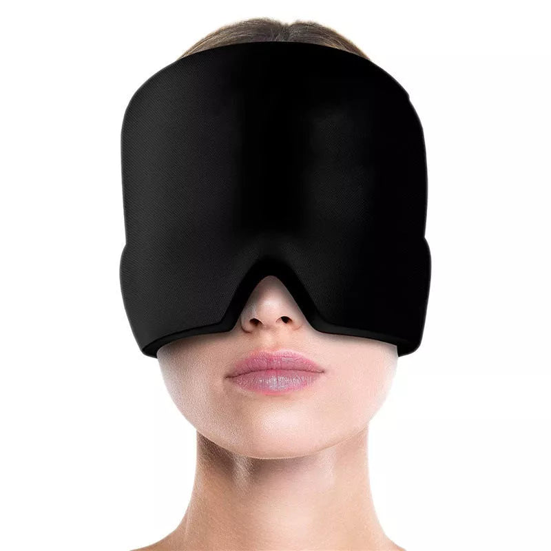 Ice Compress Headache Relief Hat in black and pink, offering 360-degree cold therapy for migraines and stress