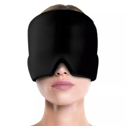 Ice Compress Headache Relief Hat in black and pink, offering 360-degree cold therapy for migraines and stress