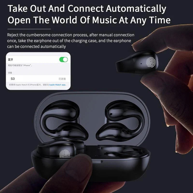Bluetooth 5.2 ear clip bone conduction headphones in white and black