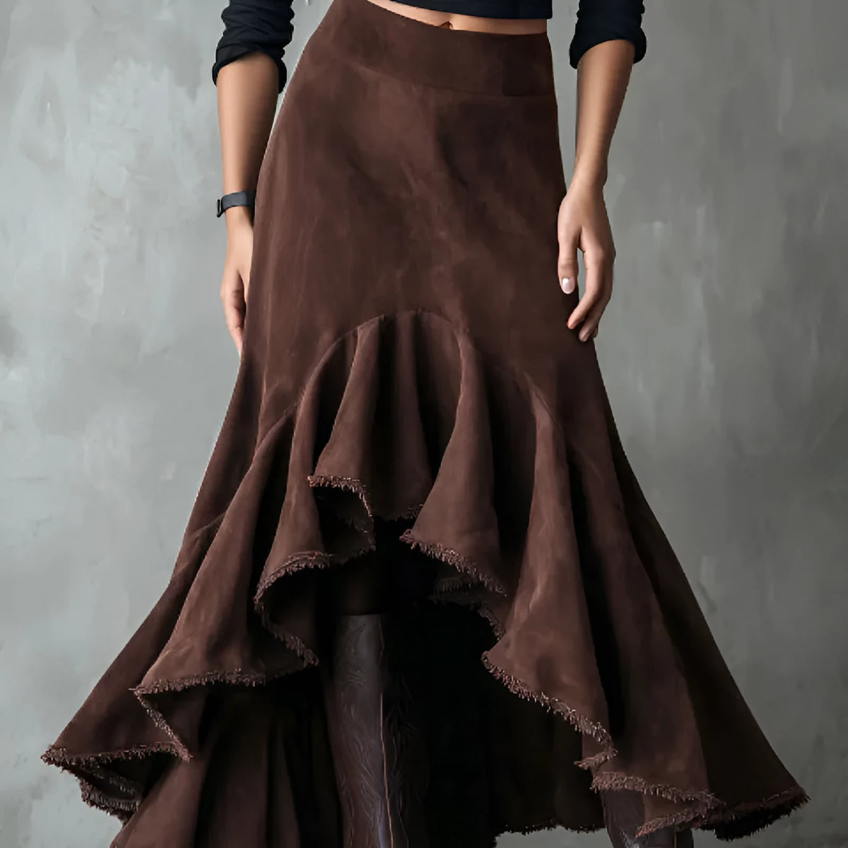 Western brown maxi skirt with high-low hemline and ruffle detailing in eco suede polyester