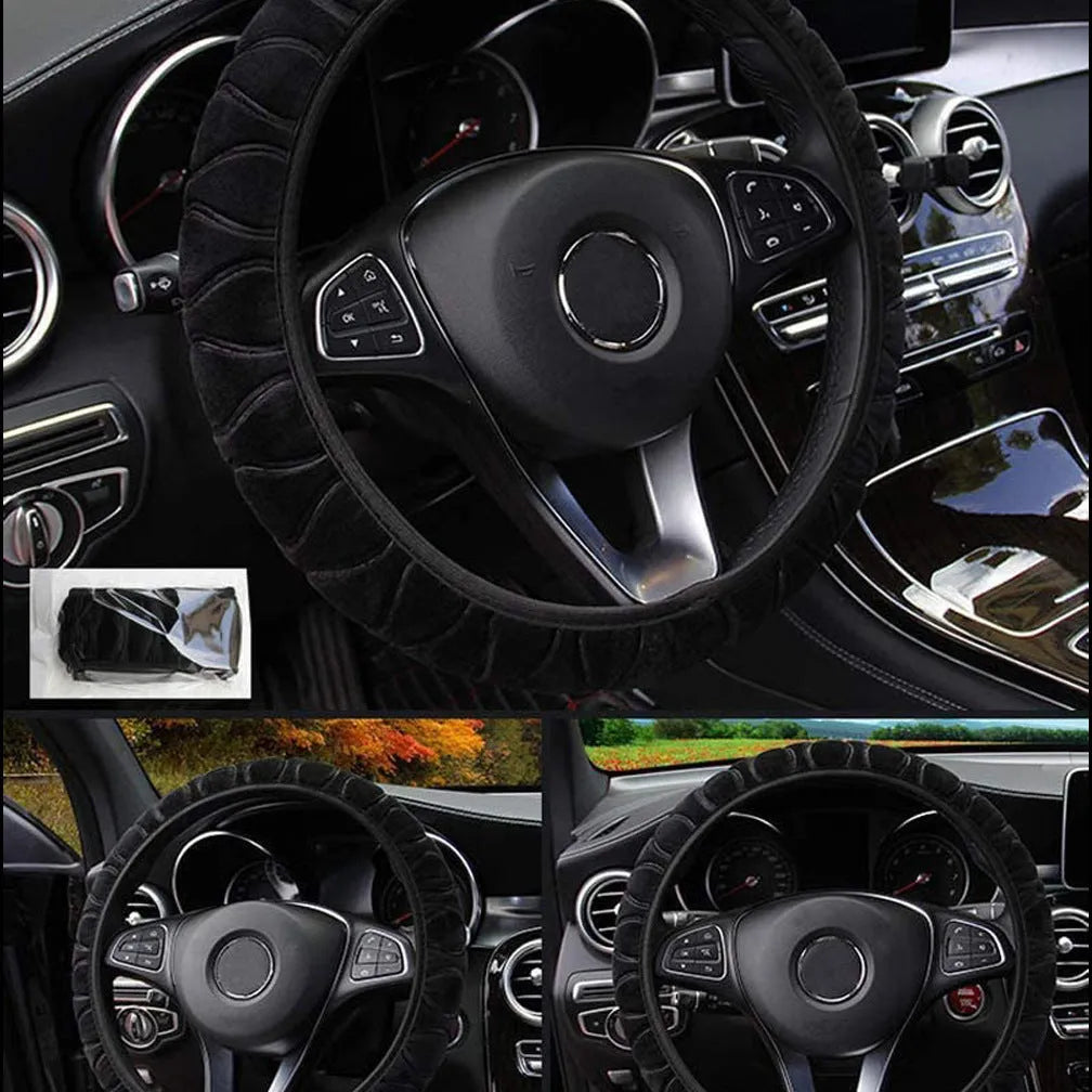 Short plush steering wheel cover in one of seven colours, fitting a 38cm steering wheel with non-slip grip