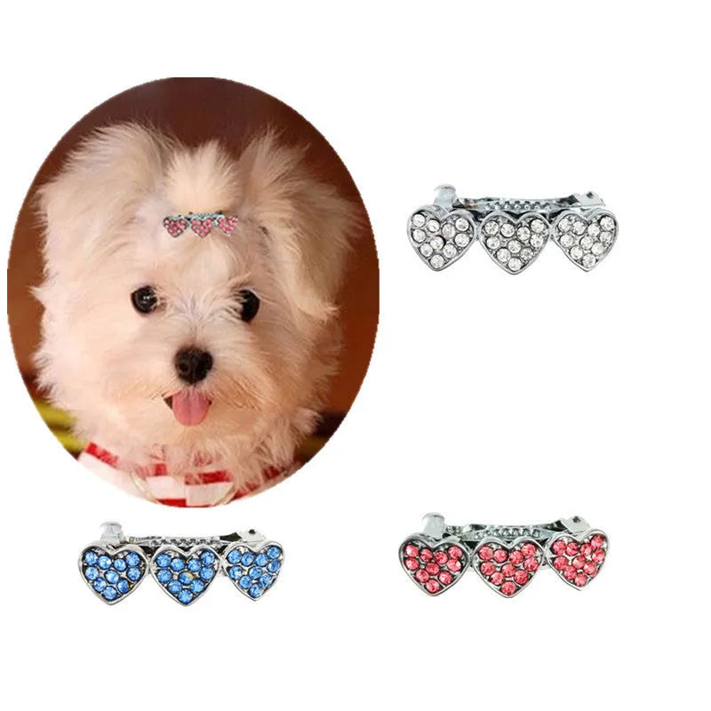 Rhinestone Alloy Peach Heart Barrettes for Children's Hair Accessories, 3cm Cute Hair Clip for Girls, Princess Style Hairpin with Dog Pet Ornament in White, Pink or Blue