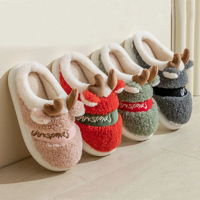 Cozy elk-themed winter home slippers in various candy colors with soft suede upper and supportive EVA sole