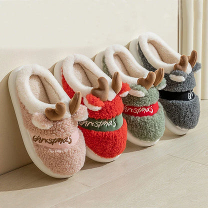 Cozy elk-themed winter home slippers in various candy colors with soft suede upper and supportive EVA sole