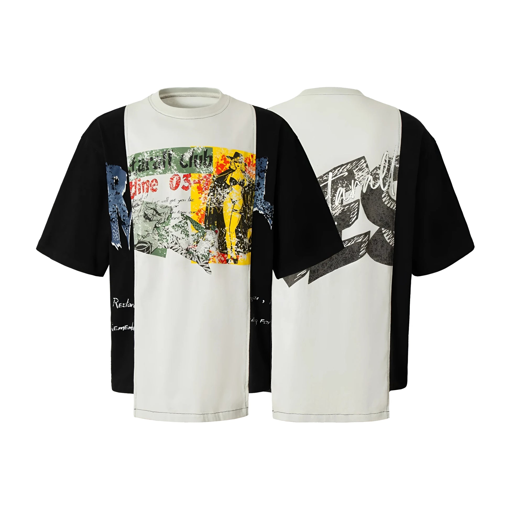 Black and white deconstruction print on a loose fit cotton blend t-shirt for streetwear.