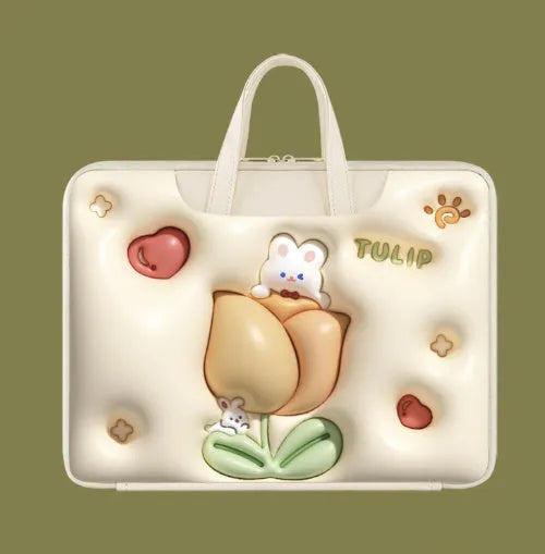 Inflatable laptop bag in PU leather with suitcase attachment strap and cute panda design print