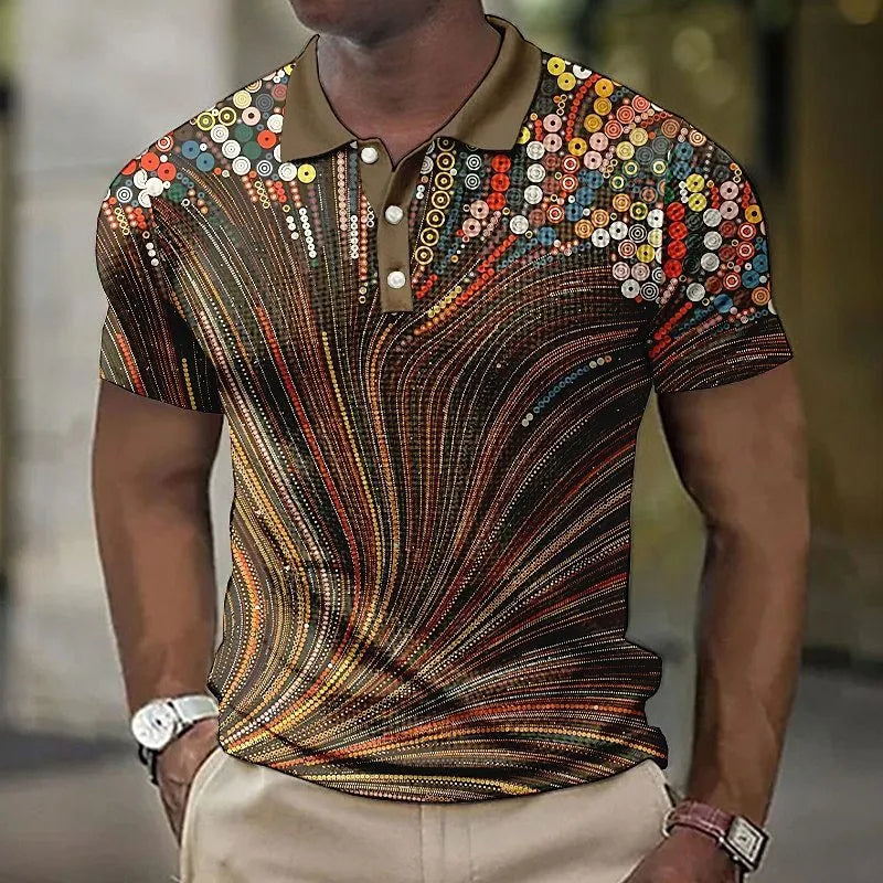 Men's geometric striped button shirt with asymmetric design and short sleeves