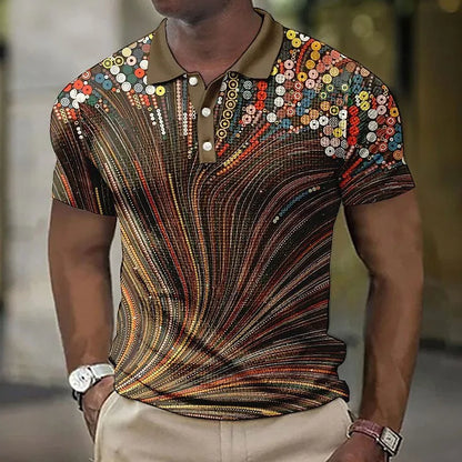Men's geometric striped button shirt with asymmetric design and short sleeves