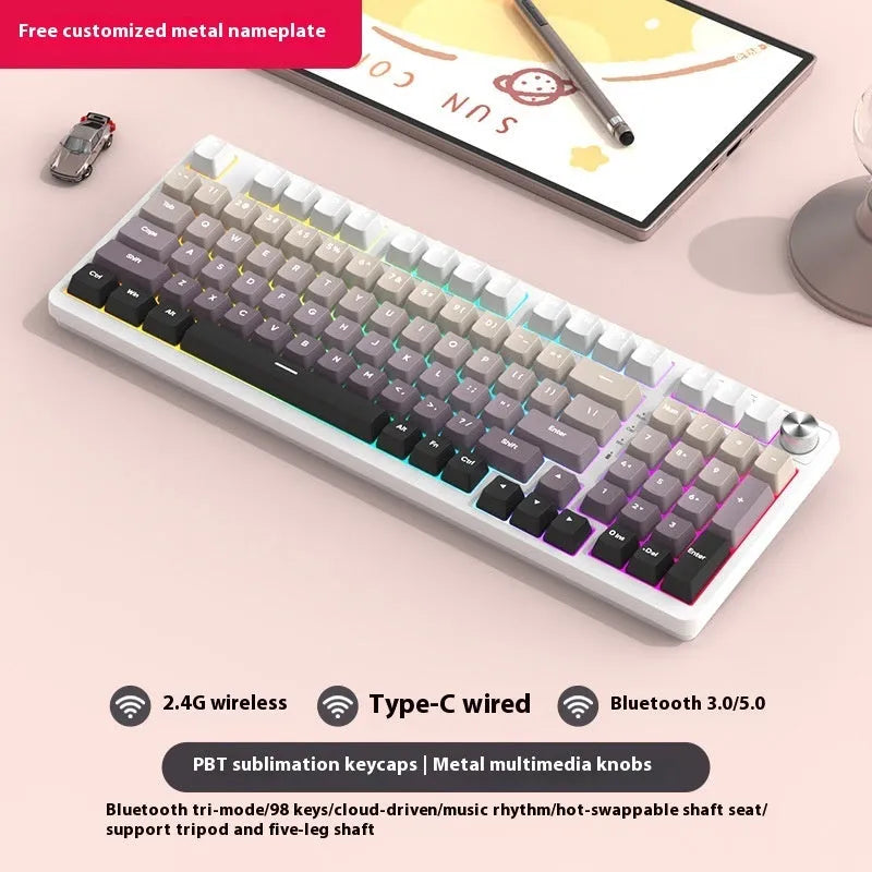 98-key wireless mechanical keyboard kit in black or white with optional LED screen and metal knob