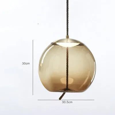 Glass chandelier with twine design, 30cm by 30.5cm, LED warm light, 220V, in amber, water blue, or smoke grey.