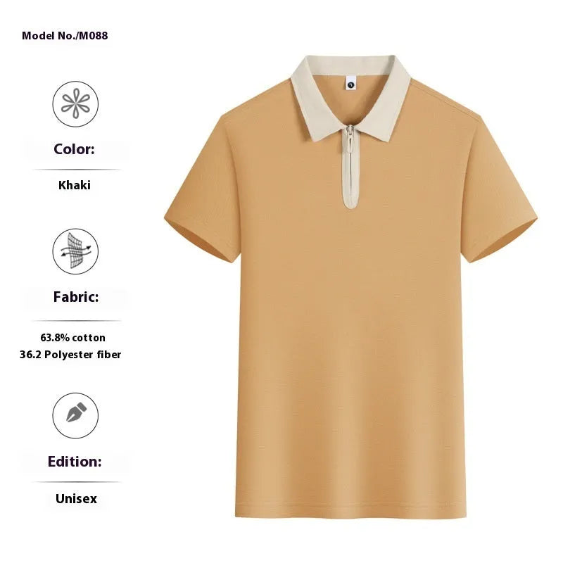 Zipper and lapel polo shirt in solid colour with short sleeves and loose fit