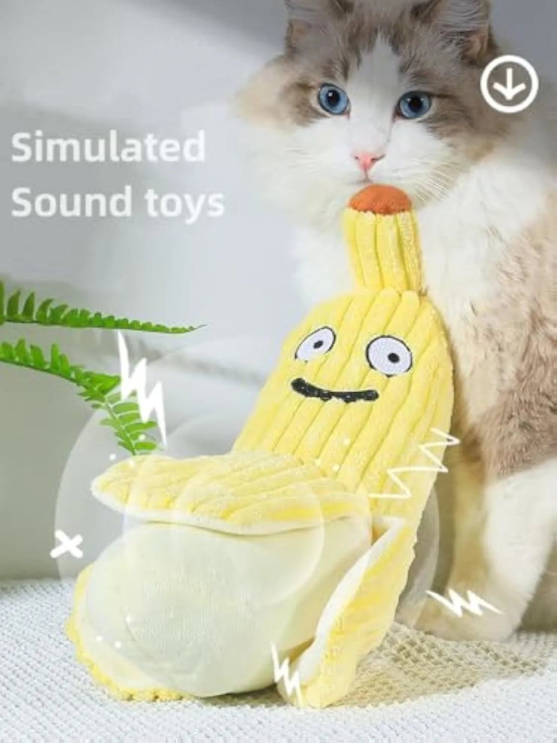 Yellow soft plush banana cat toy with green leaf, measuring 13 inches long, on a plain background.