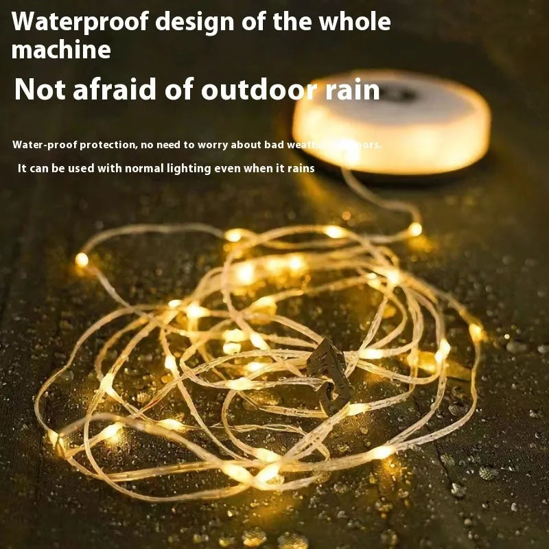 Rechargeable outdoor tent string with 8 metre length and 30 LED beads for camping festival lighting, available in warm light or colourful light options with PC ABS construction for weather resistance