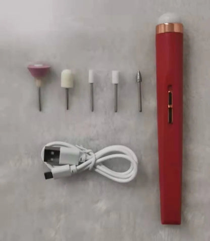 Cordless electric nail drill polisher set with USB charging cable and five grinding heads in white, red, pink colours