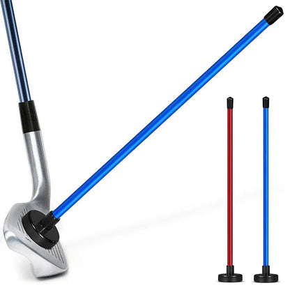 Red and blue aluminium alloy magnetic golf swing trainer bar attached to a golf club shaft.