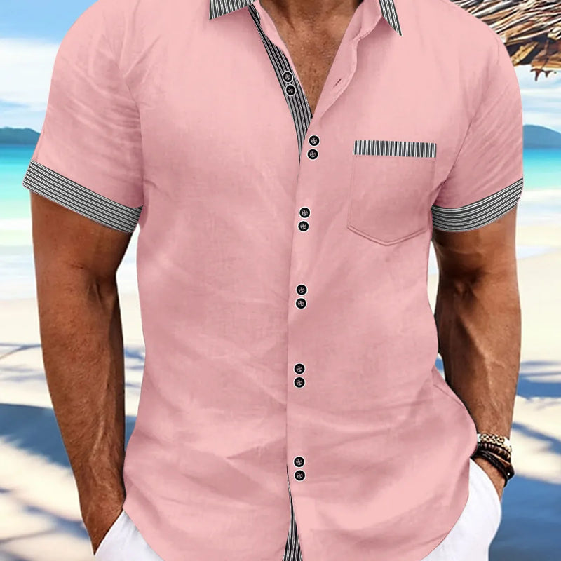Men's slim fit striped casual shirt in pure cotton with double button short sleeves available in white, black, light blue, khaki, and pink colours in sizes S to XXXL, a short sleeve button-up shirt for leisure and sports wear