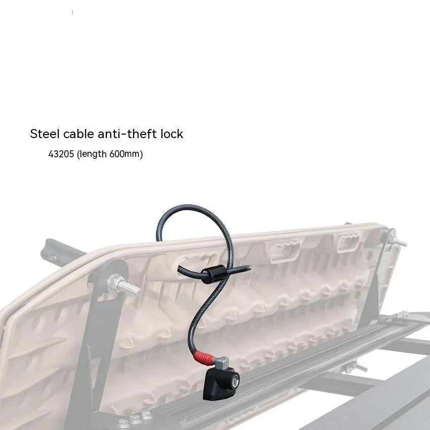 Steel cable lock with plastic sheath for securing equipment to a vehicle roof platform.