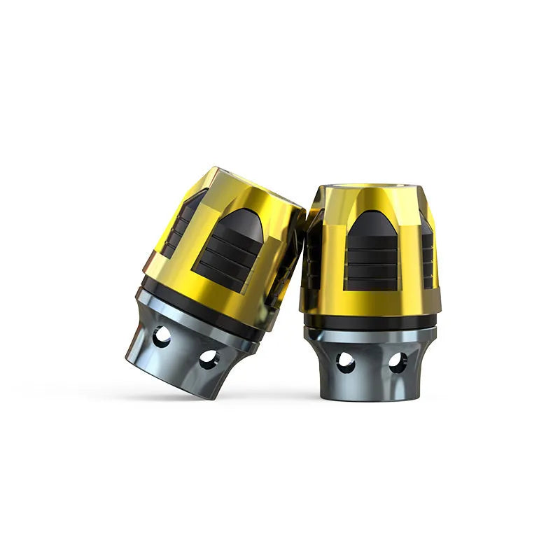 Pair of anodised aluminium alloy fork cups for electric car or motorcycle front axle.