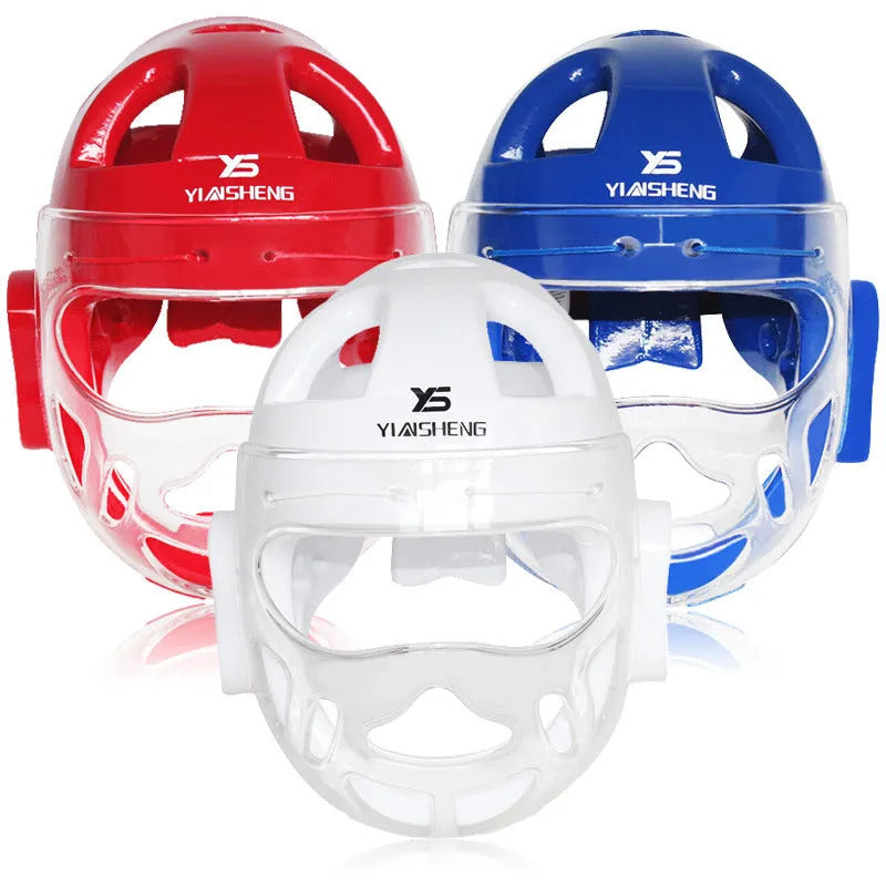 Karate helmet protective headgear in red, white or blue colours available in S, M, L, XL sizes for martial arts training.
