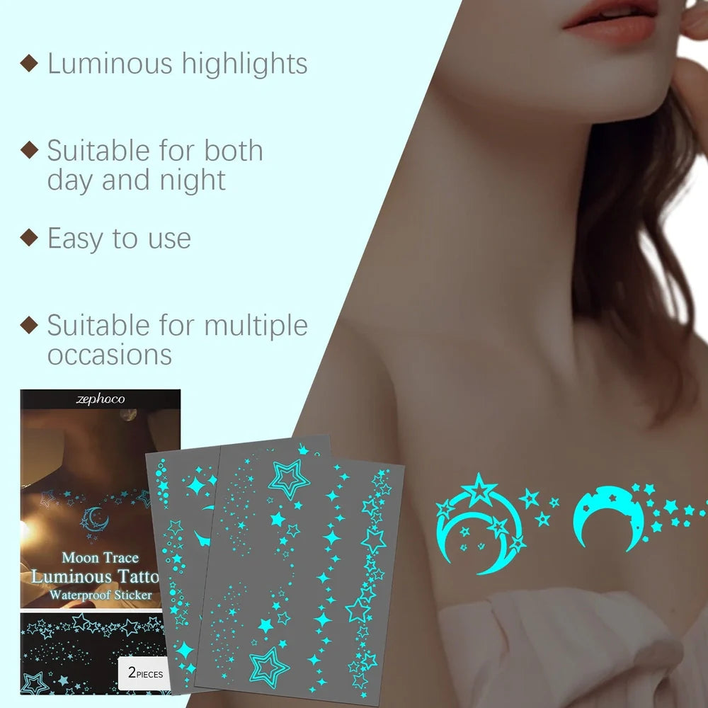 Luminous temporary tattoo stickers glowing on skin with water-based paste containing aloe extract