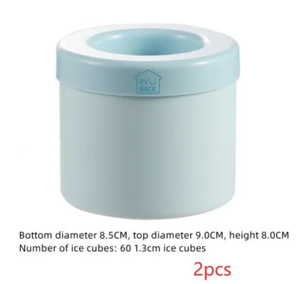 Blue-green silicone ice bucket mould with lid showing 9cm diameter and 8cm height dimensions