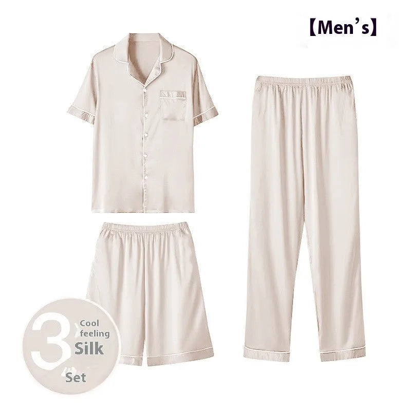 Men's ice silk three-piece home wear loungewear set showing shorts and trousers in a selected colour.
