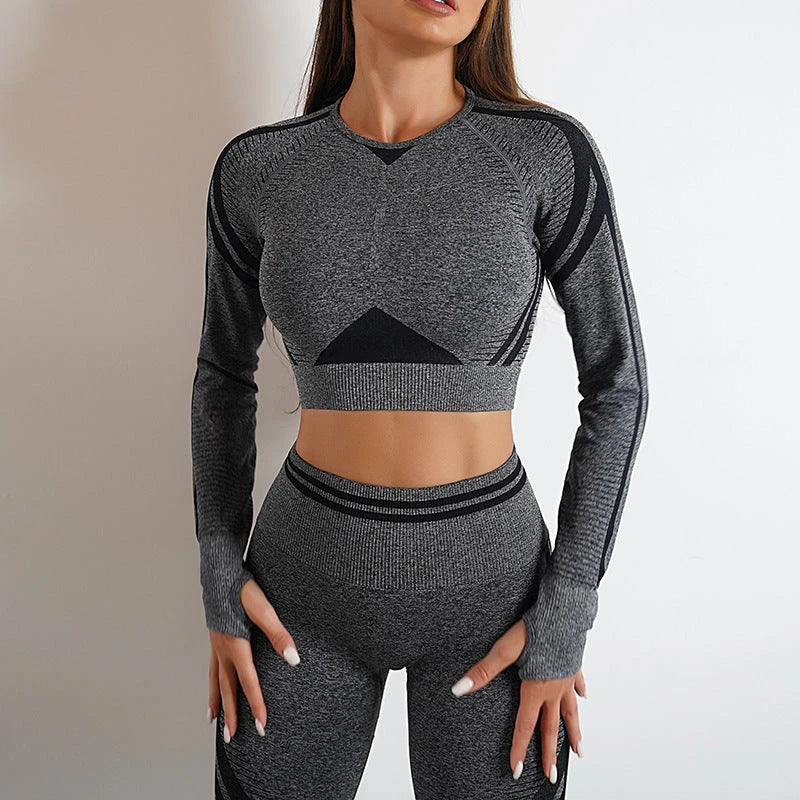 Seamless yoga leggings and long sleeve workout tops in various colors and styles