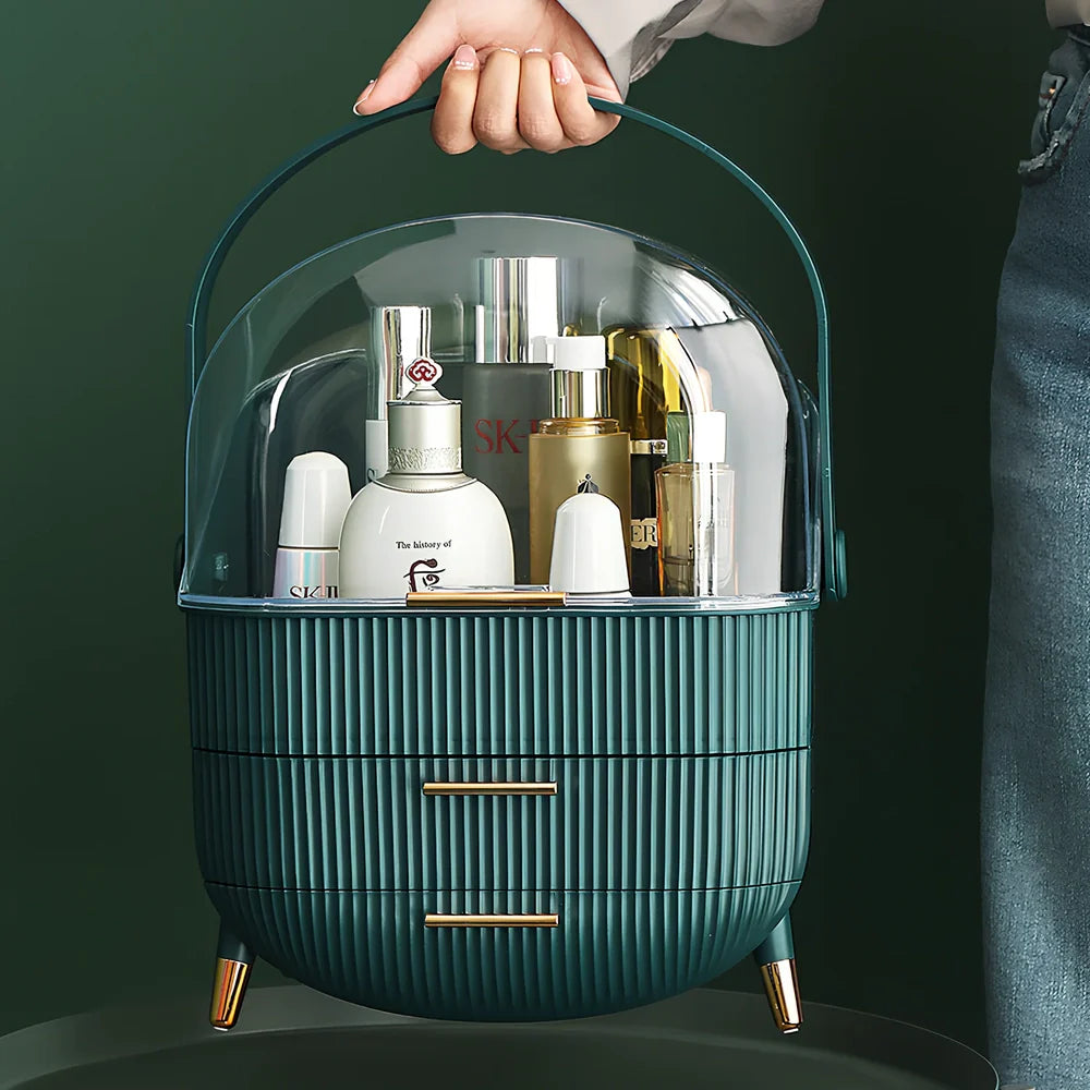 Green cosmetic storage box with cover for skincare product organisation and dust protection