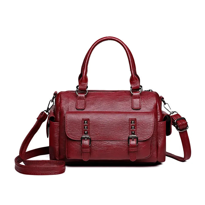 Vintage style messenger bag in PU leather with contrast stitching, horizontal square shape, shown in multiple colour options