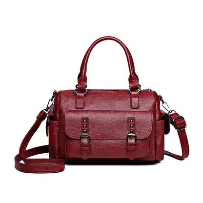 Vintage style messenger bag in PU leather with contrast stitching, horizontal square shape, shown in multiple colour options