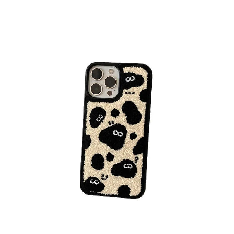 Black plush fairy design phone back cover for iPhone models including 13 Pro Max and 12 Pro.