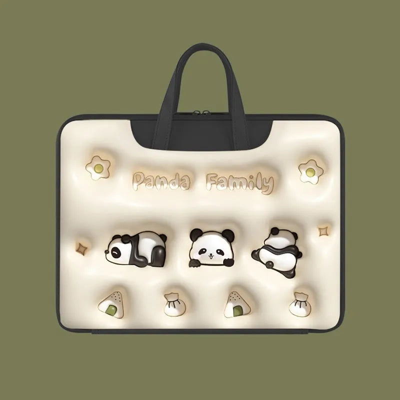 Inflatable laptop bag in PU leather with suitcase attachment strap and cute panda design print