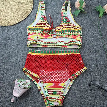 Women's checkered multicolor bikini with cross strap top and fishnet high waist briefs