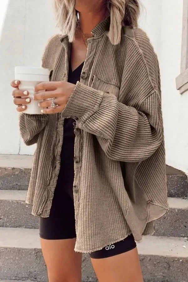 Women's lapel long sleeve button shirt jacket in various colours