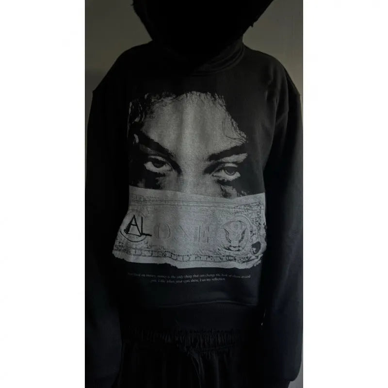 Black women's hooded sweater with printed cartoon design, loose fit casual wear