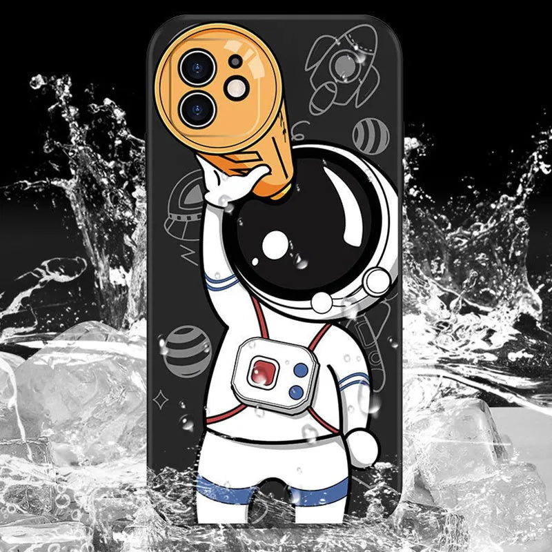 Silicone iPhone case with a cartoon astronaut and starry sky planet design.