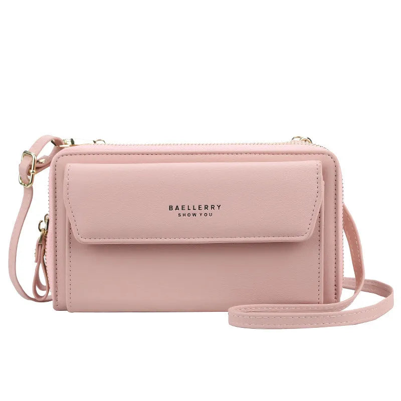 Red soft PU leather long wallet with double zipper, shown as a messenger bag.