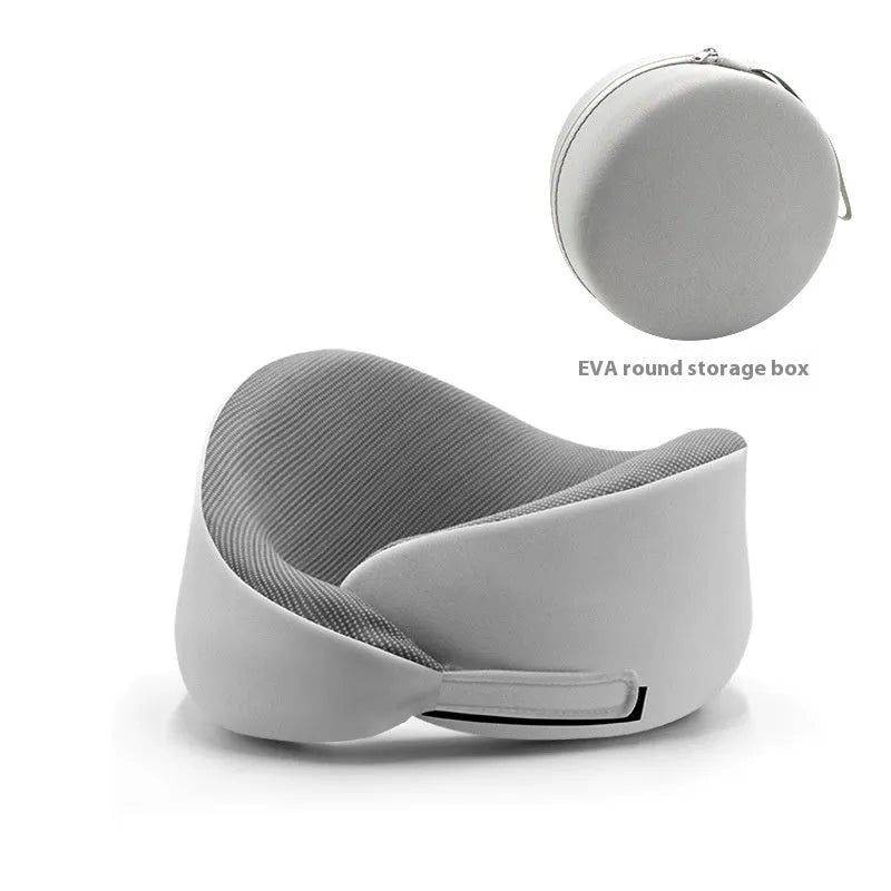 Light grey memory foam U-shaped neck pillow with a magnetic cloth protector.