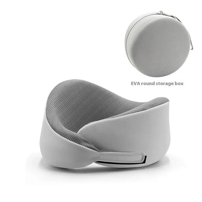 Light grey memory foam U-shaped neck pillow with a magnetic cloth protector.