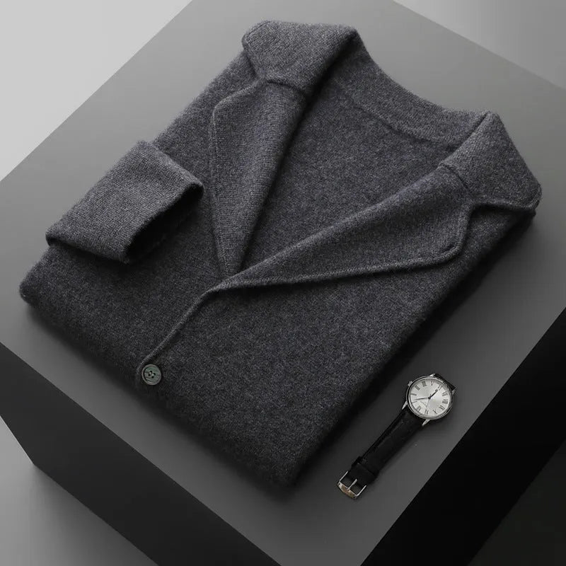Men's cashmere lapel collar cardigan jacket in light gray colour showing loose fit and knitted texture