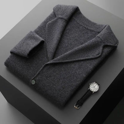 Men's cashmere lapel collar cardigan jacket in light gray colour showing loose fit and knitted texture