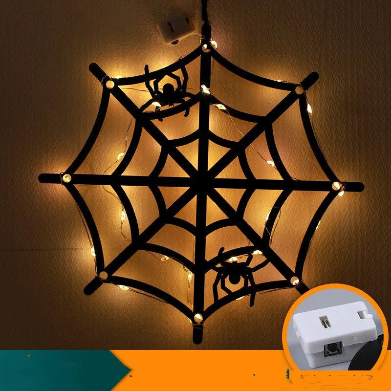 Halloween LED decorative lights with luminescent spider design showing eight colour options including bat, castle, black cat, pumpkin, wizard, ghost, spider, and spider web